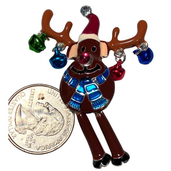 Festive Reindeer Brooch Pin With Colorful Jingle Bells and Santa Hat Design - Picture 3 of 6